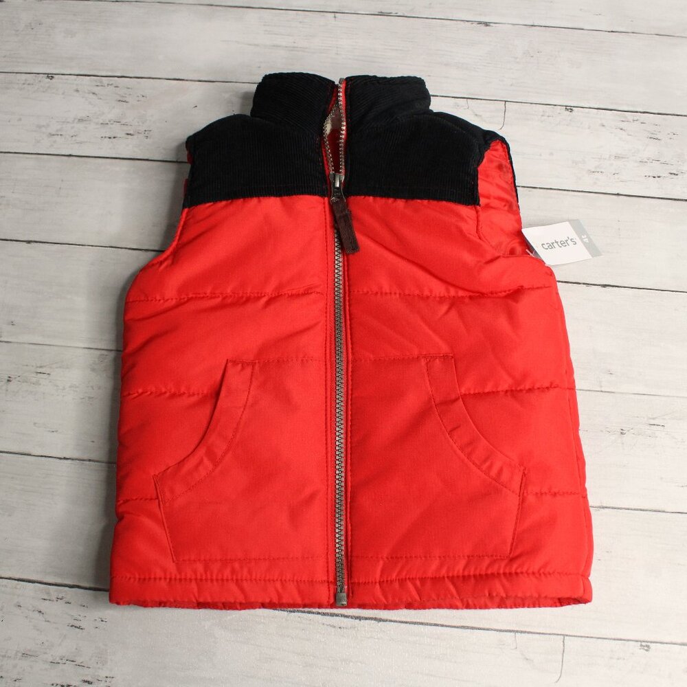 Carter's Boy's Sleeveless Puffer Jacket Vest Size 4T Red Black Corduroy